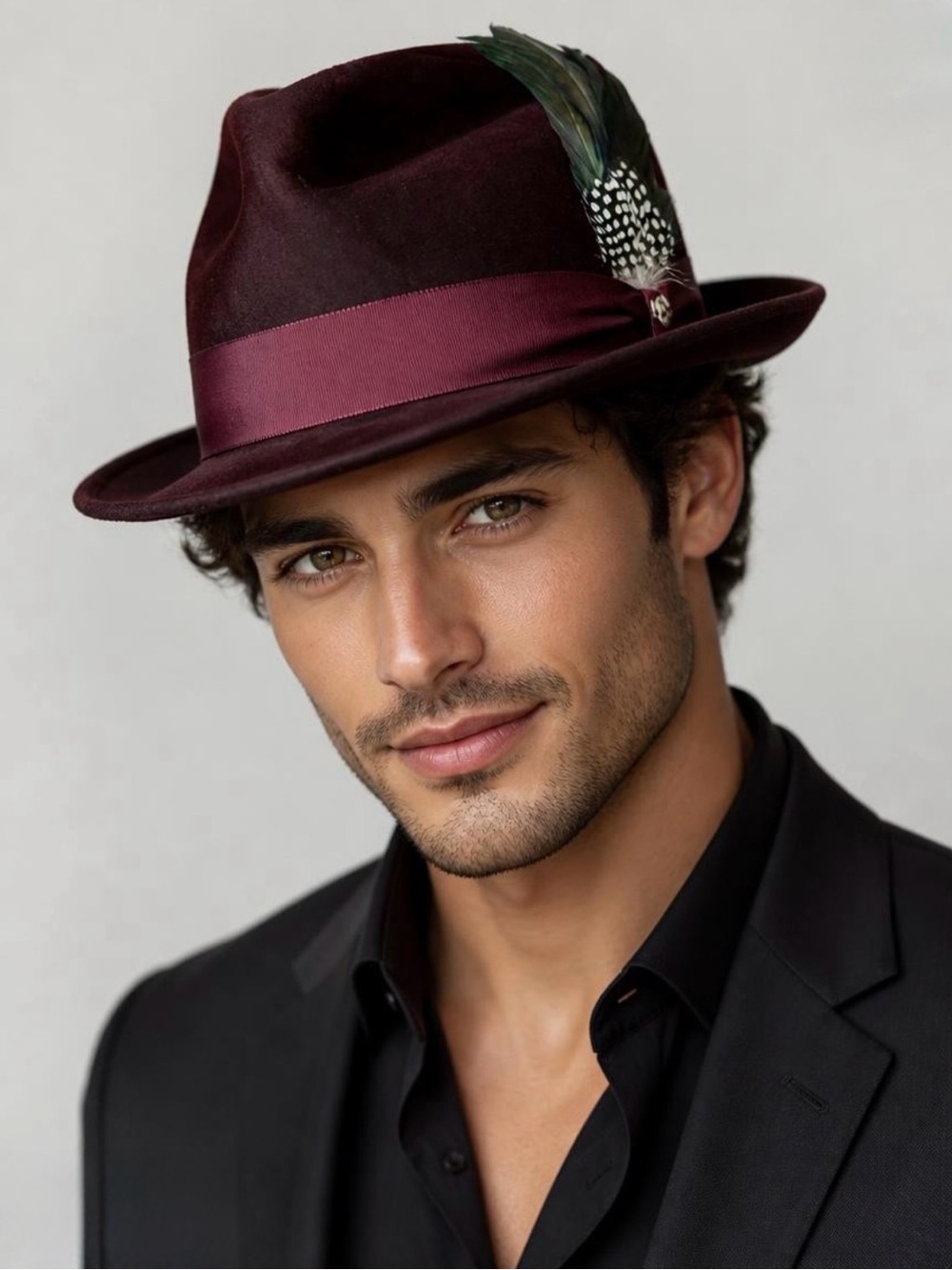 Stylish Burgundy Fedora Hat with Feather Trim
